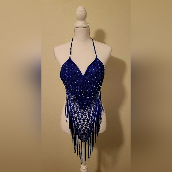 Tops - Vibrant Blue Beaded Fringe Halter Top – Festival, Boho, & Party Style